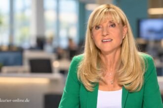 Caroline Mart im grünen Blazer vor einem redaktionell gestalteten Hintergrund