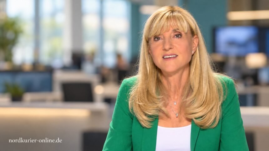 Caroline Mart im grünen Blazer vor einem redaktionell gestalteten Hintergrund