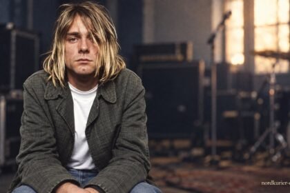 Kurt Cobain in einem redaktionell gestalteten Porträt vor unscharfem Studiohintergrund