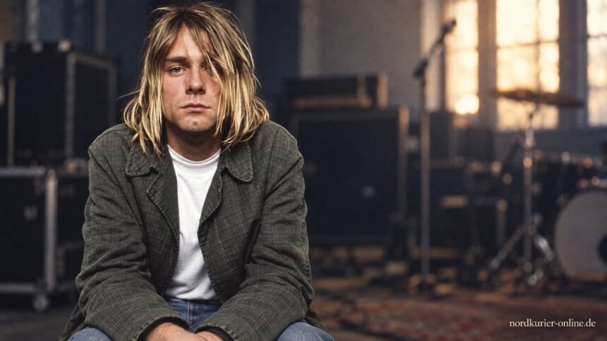 Kurt Cobain in einem redaktionell gestalteten Porträt vor unscharfem Studiohintergrund