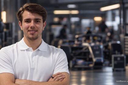 Tim Tramnitz im weißen Poloshirt vor einem gestalteten Rennsport-Hintergrund