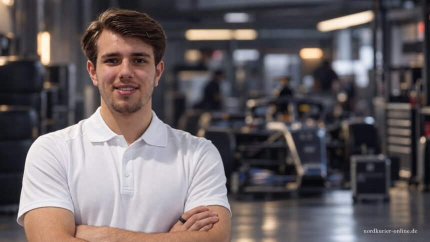 Tim Tramnitz im weißen Poloshirt vor einem gestalteten Rennsport-Hintergrund