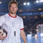 Tobias Reichmann in einem redaktionell bearbeiteten Handballstadion